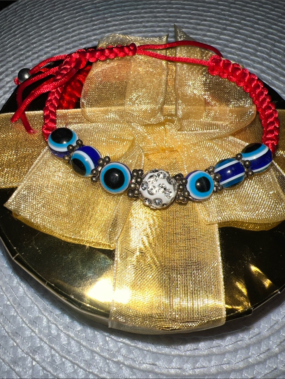 Red Cord Blue Eye Bead Bracelet with Clear Pavé Center